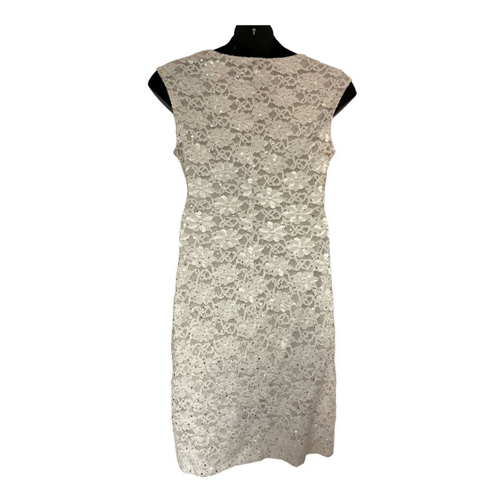 Connected Lace Sequin Side Pleat Ivory Knee Length Sheath Night Out Party Dress - Picture 8 of 16